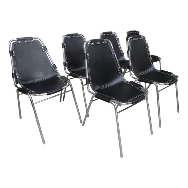 Black Leather Dining Chairs by Charlotte Perriand for Les Arcs, 1960s, Set of 12 For Sale