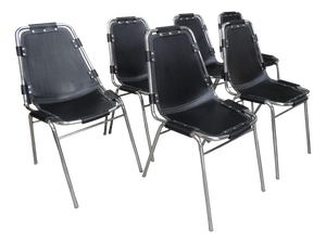 Black Leather Dining Chairs by Charlotte Perriand for Les Arcs, 1960s, Set of 12