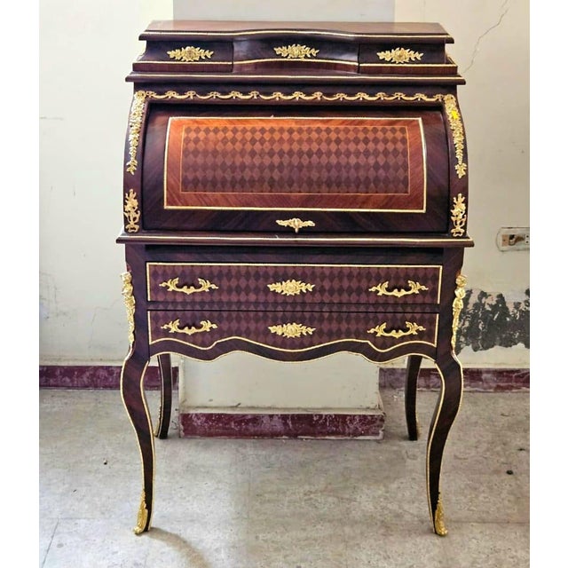 French French Roll Top Secretary Desk With Marquetry Inlay & Bronze Accents For Sale - Image 3 of 5