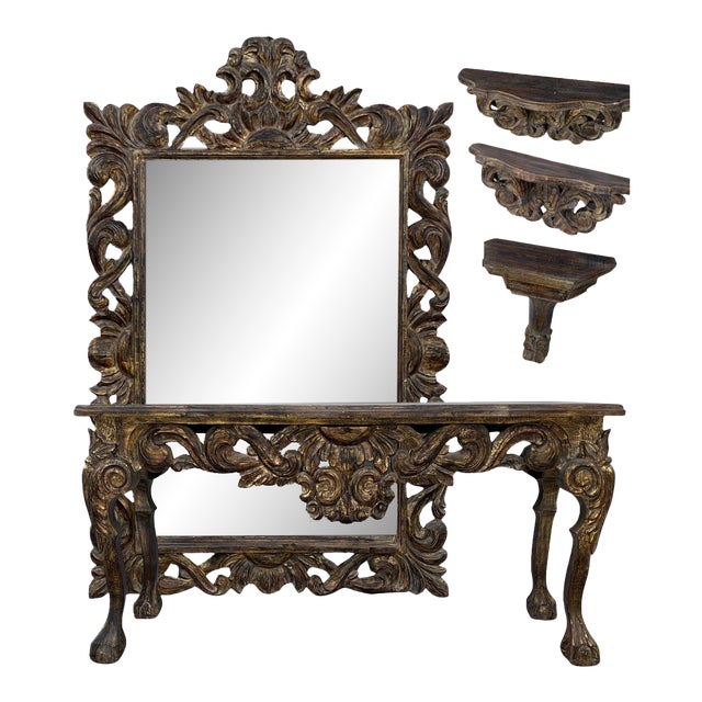 1980s Old World Mexican Hacienda Collection: Console Table With Monumental Mirror & Decorative Corbels, 5 Pieces For Sale