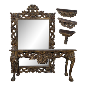 1980s Old World Mexican Hacienda Collection: Console Table With Monumental Mirror & Decorative Corbels, 5 Pieces
