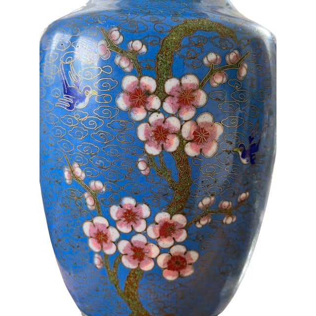 Chinoiserie Antique 19th Century Chinese Cloisonné Vase Lamp With Cherry Blossoms & Swallows on Cobalt Blue Ground, 18" For Sale - Image 3 of 15
