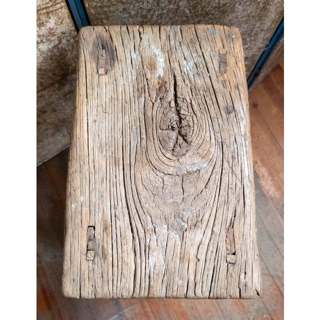 Wood 19th Century Chinese Distressed Elm Wood Side Table or Stool For Sale - Image 7 of 16