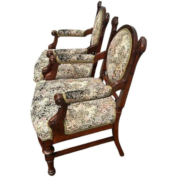 Rare Pair of Antique Medallion Back Parlor Armchairs – Ornate Carved Wood & Floral Tapestry For Sale - Image 12 of 12