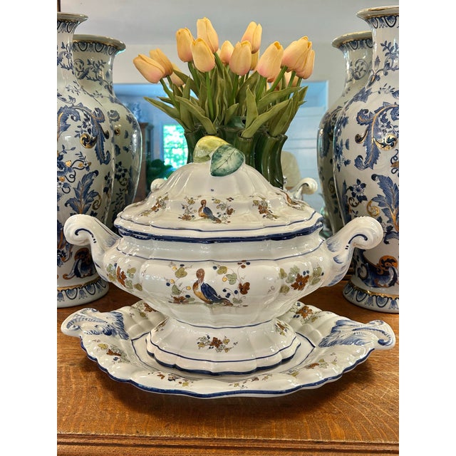 This large tureen was made in Italy and imported by N’orleans. The handpainted majolica pottery features roosters, birds...