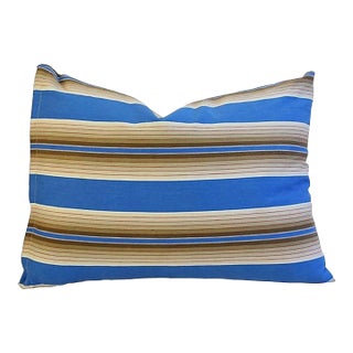 Custom Tailored Blue & Tan French Ticking Feather/Down Pillow 19" X 16" For Sale