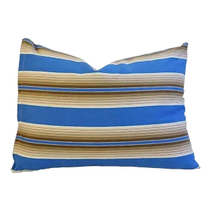 Custom Tailored Blue & Tan French Ticking Feather/Down Pillow 19" X 16"