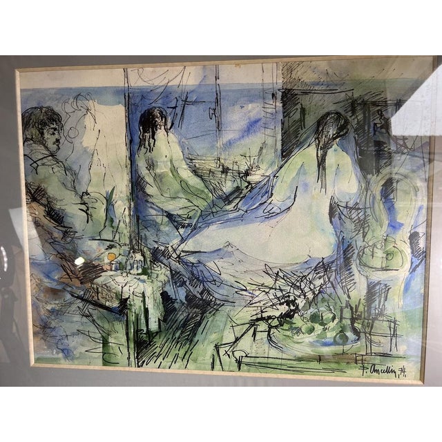Ancellin, Nude in the Workshop, 1974, Watercolor For Sale - Image 9 of 11