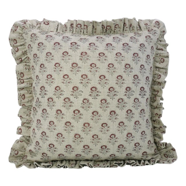 Fabdivine Artistic Block Print Frill Pillow Cover Rust 22x22 Inch Thick Linen- Bagru Buti For Sale