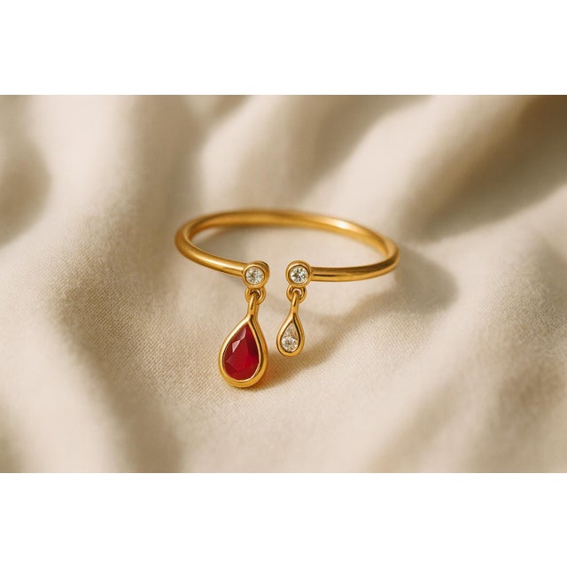 Modern Pear Ruby Opend Ended 14k Gold Ring, Size 6.75 For Sale - Image 3 of 5