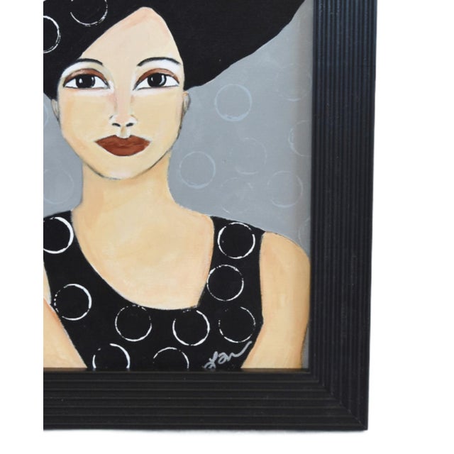 Original one-of-a-kind contemporary portrait oil painting on artist's canvas panel of a dark-haired lady with red...
