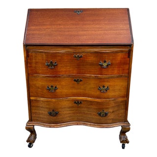 Vintage 20th Century Walnut Serpentine Drawers Drop Front Secretary Desk With Ball & Claw Feet For Sale
