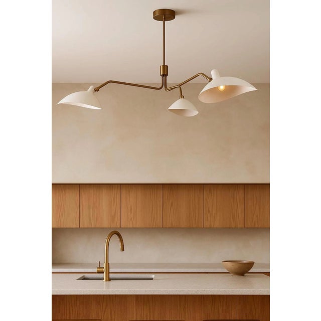 Not Yet Made - Made To Order Sculptural Three-Light Brass Chandelier With White Domed Shades For Sale - Image 5 of 10