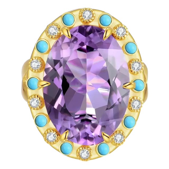 Nina Zhou Amethyst Turquoise Diamond Vintage-Style Cocktail Ring in 14k Yellow Gold Ring, size 9.5 For Sale