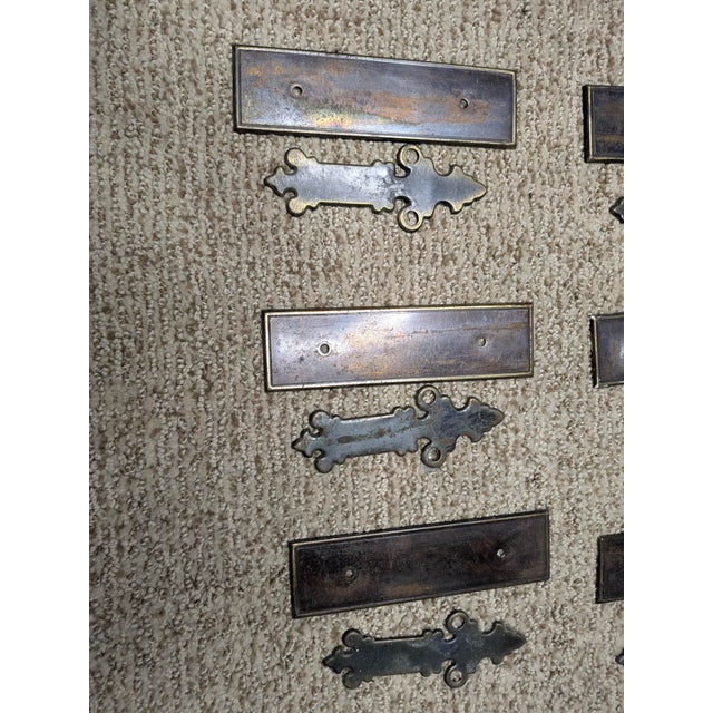 1960s Vintage Brass Cabinet Drawer Backplates & Ornate Escutcheon Pull Plates, 12 Pc Set For Sale - Image 5 of 7