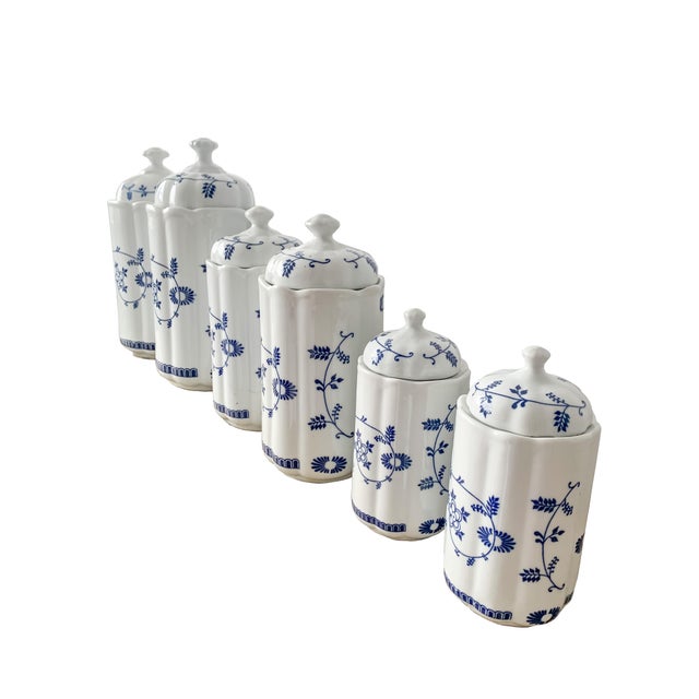 Mid-Century Blue and White Floral Ceramic Caddies from TC, 1950s, Set of 6 For Sale - Image 9 of 11