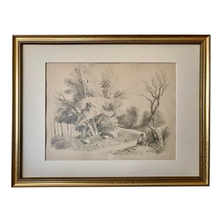 Antique European Landscape Drawing With Figure of a Traveler Resting 19th Century For Sale
