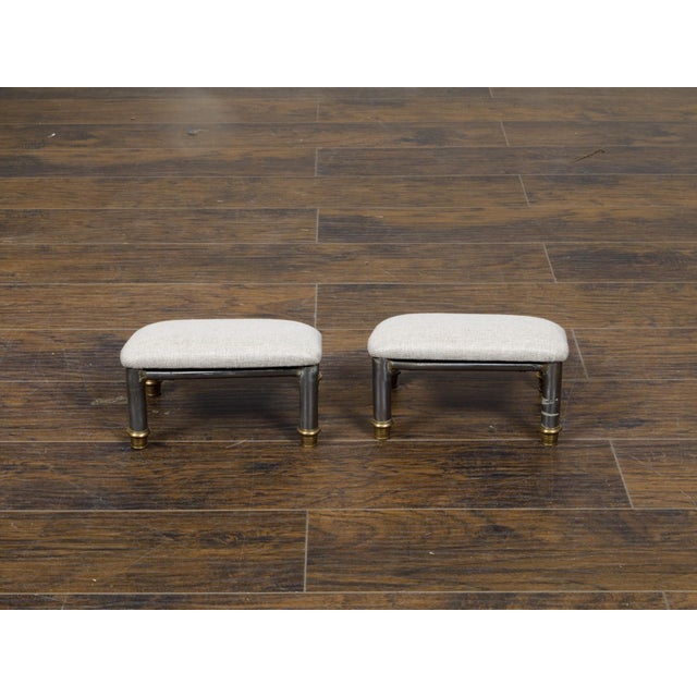 Pair of Vintage French Steel and Brass Footstools with Custom Linen Upholstery For Sale In Atlanta - Image 6 of 11