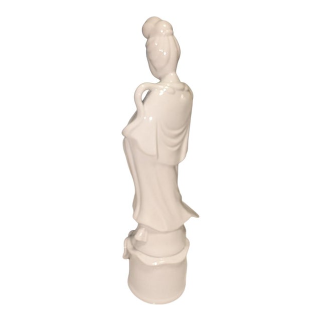 Vintage Blanc De Chine Porcelain Guanyin Figure Holding Lotus For Sale - Image 4 of 7