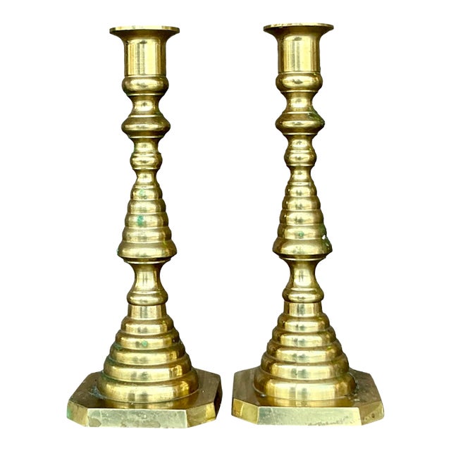 Vintage Regency Stacked Brass Candlesticks - A Pair For Sale