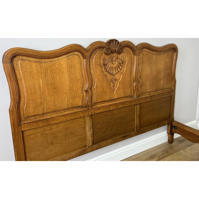 Vintage Louis XVI French Oak Double Bed Frame with Carved Headboard For Sale - Image 12 of 13