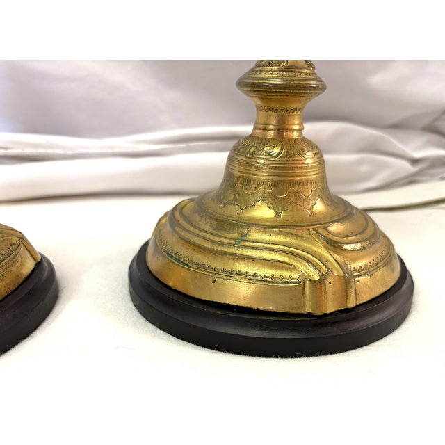 Brass Antique French Art Nouveau Embossed Brass Candlestick Lamps- A Pair For Sale - Image 8 of 18