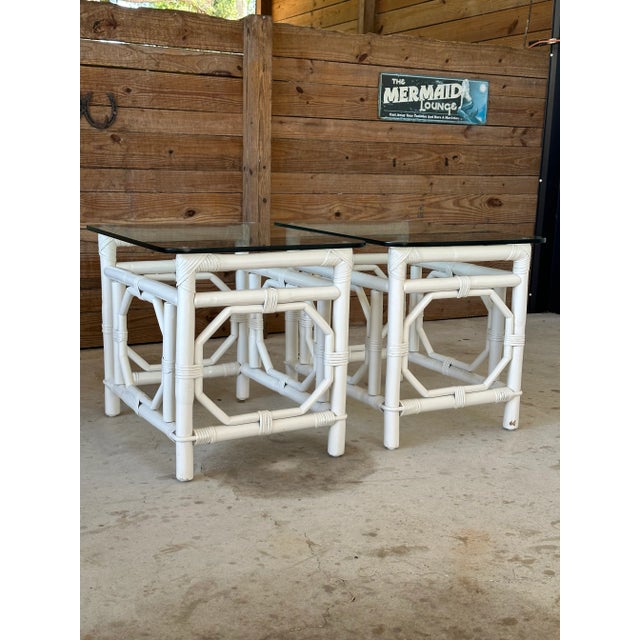 Vintage Coastal Rattan Ficks Reed White Side Tables-Pair For Sale - Image 13 of 13