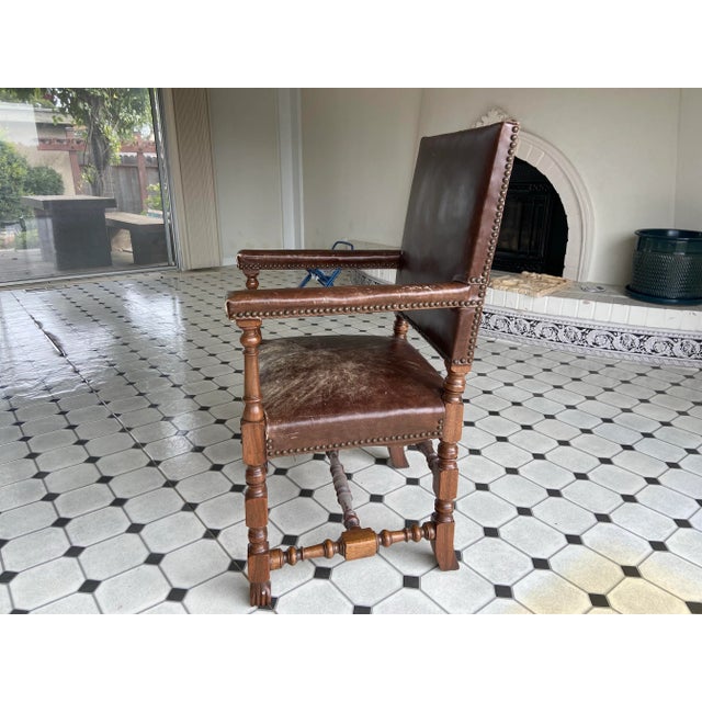 Coffee Antique High Back Carved Wood Leather Chair For Sale - Image 8 of 12