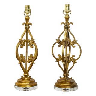 Pair of French Midcentury Gilt Metal Table Lamps with Scrolls and Fleur de Lys For Sale