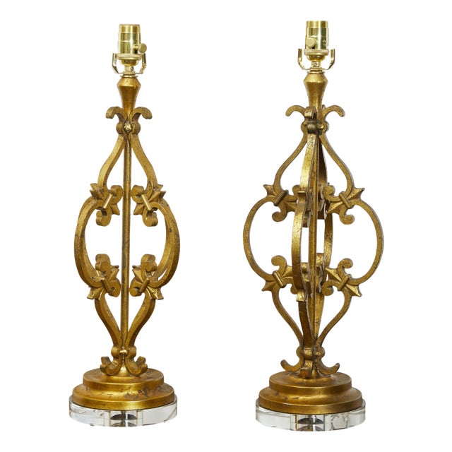 Pair of French Midcentury Gilt Metal Table Lamps with Scrolls and Fleur de Lys For Sale