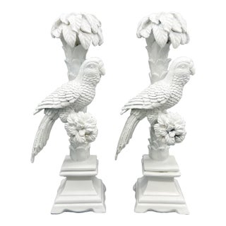 Pair of Large White Parrot Candlestick Holders – Hollywood Regency Tropical Revival For Sale