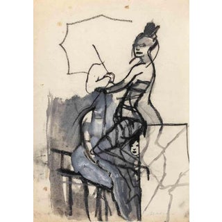 Mino Maccari, Figures, Nude, Charcoal and Watercolor Drawing, 1960s For Sale
