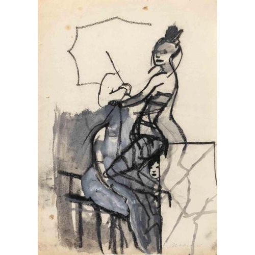 Mino Maccari, Figures, Nude, Charcoal and Watercolor Drawing, 1960s For Sale