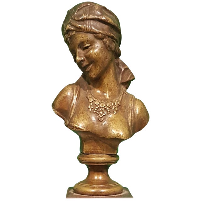 Small Antique French Bronze Bust of Odalisque with Red Marble Base For Sale