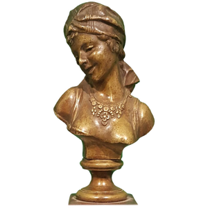 Small Antique French Bronze Bust of Odalisque with Red Marble Base