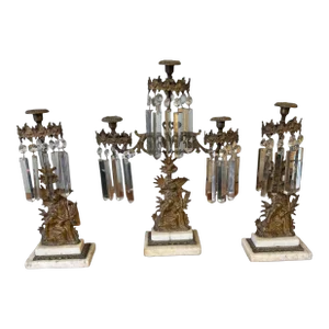 Antique Victorian Figural Girandole Candelabra Set With Prisms - Three Piece Set