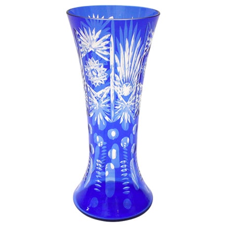 Vintage Czech Bohemian Cobalt Blue Cut To Clear Crystal Vase