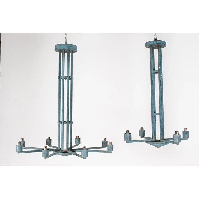 Paris Theatre Verdigris 4-Arm Chandelier in Brass For Sale - Image 11 of 12