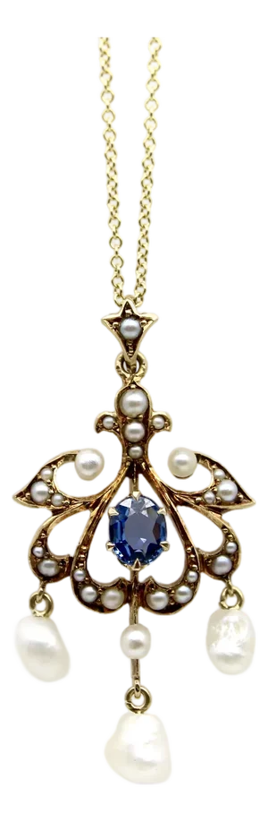 1910s Edwardian 14k Gold Sapphire and Seed Pearl Pendant With Pearl Drops
