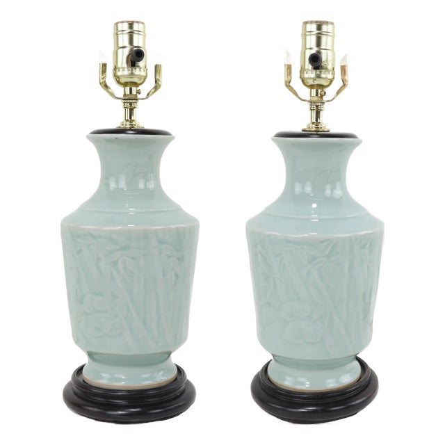 Pair of Celadon Porcelain Table Lamps With Bamboo & Panda Relief For Sale