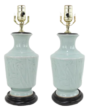 Pair of Celadon Porcelain Table Lamps With Bamboo & Panda Relief