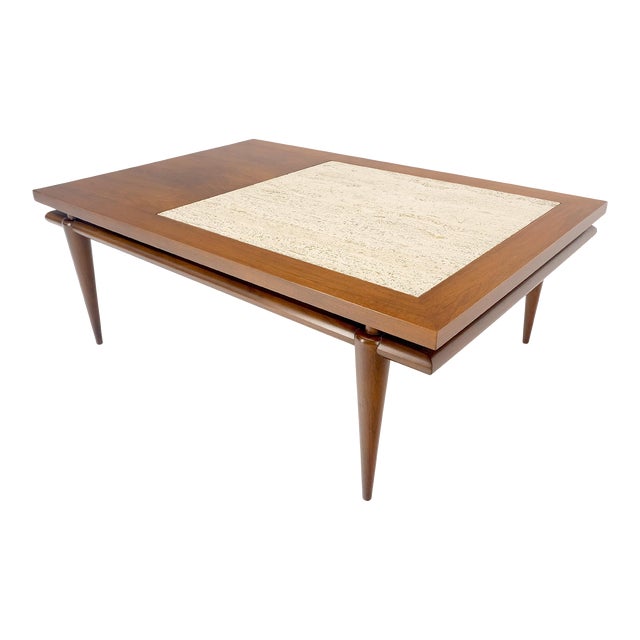 Floating Walnut Top Travertine Insert Tapered legs Rectangle Coffee Table For Sale