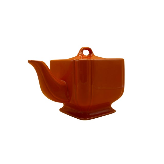 1930s 1930s Homer Laughlin Riviera Teapot Art Deco Sculptural Ceramic Tangerine Orange For Sale - Image 5 of 5