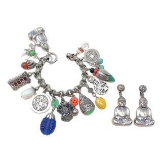 Napier 1958 Vintage 'Shangri-La' Charm Bracelet and Earrings Set - 3 pieces For Sale