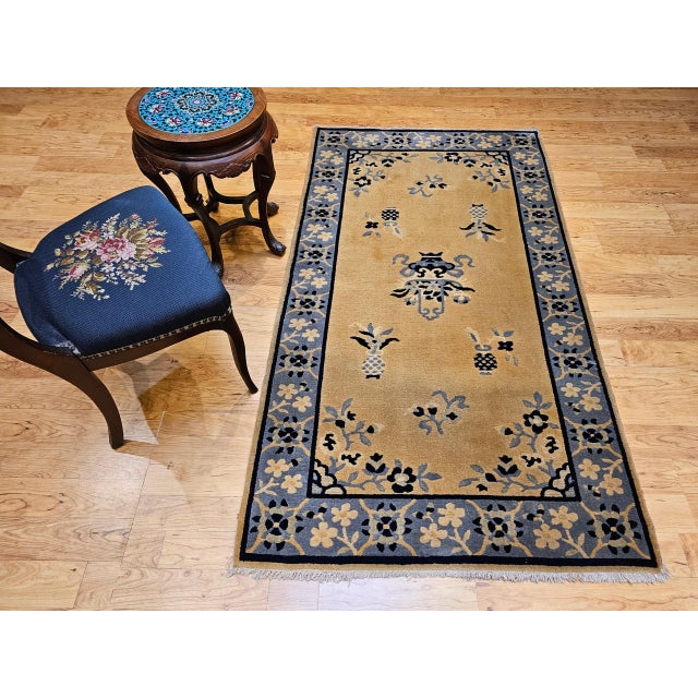 Early 20th Century Vintage Chinese Art Deco Rug, Hand-Knotted Wool, Tan & Blue, 1900s, 4' x 7' For Sale - Image 5 of 14