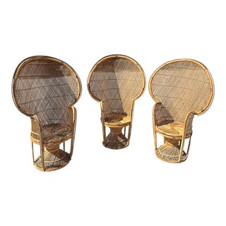 1970s Wicker Peacock Chairs With Black and White Details - Set of 3 For Sale