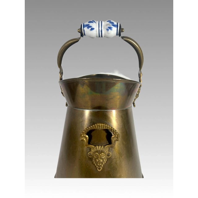 Metal Vintage Brass Coal Scuttle With Blue and White Delft Porcelain Handle and Brass Lion Head Accents For Sale - Image 7 of 11