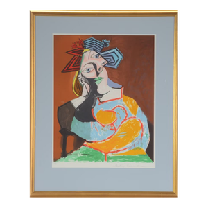 1980s Pablo Picasso "Femme Accoudee Au Drapeau Bleu Et Rouge" Framed Lithograph Limited Edition