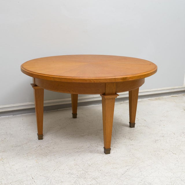Modern French Circular Coffee Table in Oak on Tapered Legs Ending in Brass Sabots For Sale - Image 3 of 7