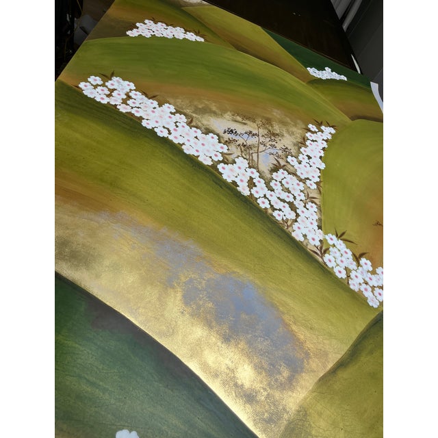 Hand-Painted Gold Leaf Chinoiserie Landscape Mural Panels | Cherry Blossom Mountain Wall Art Set of 2 For Sale - Image 6 of 8